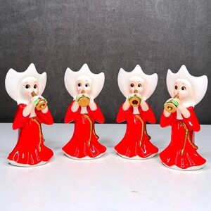 Vintage Lefton Nuns Christmas Carolers Figurines Musicians White Hats Set 4 Rare